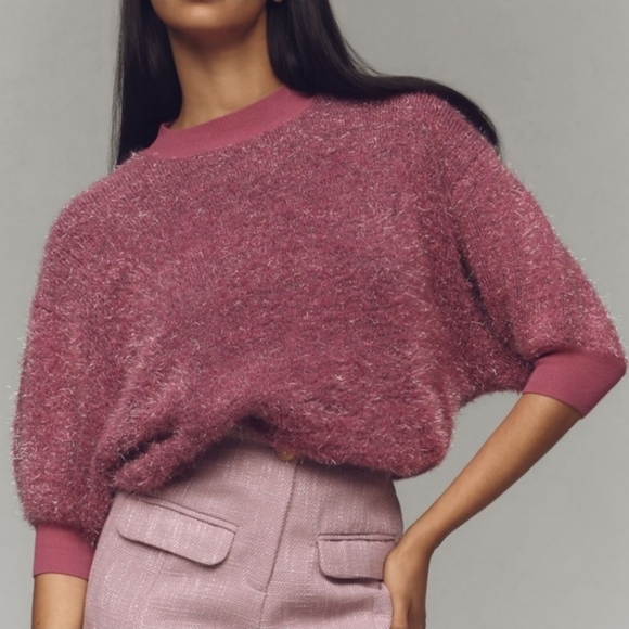 Maeve Anthro Violetta Tinsel Short Sleeve Pullover Sweater Open Back Mock Neck - Picture 8 of 8